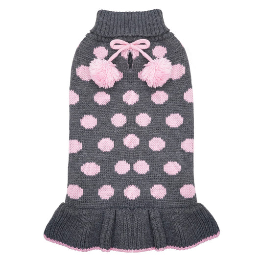 Dark grey dog sweater dress with pink polka dots, bow and pom pom accents, knit hem.