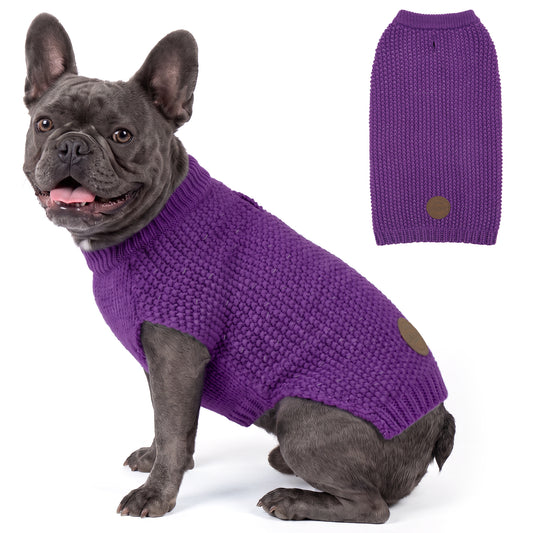 Gray French bulldog seated in purple knit pullover beside sweater back view