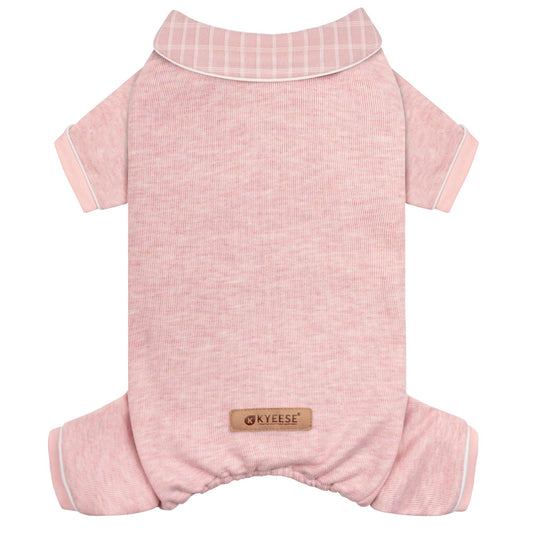 Pink ribbed thermal dog pajamas with checkered turn-down collar and elastic belly opening