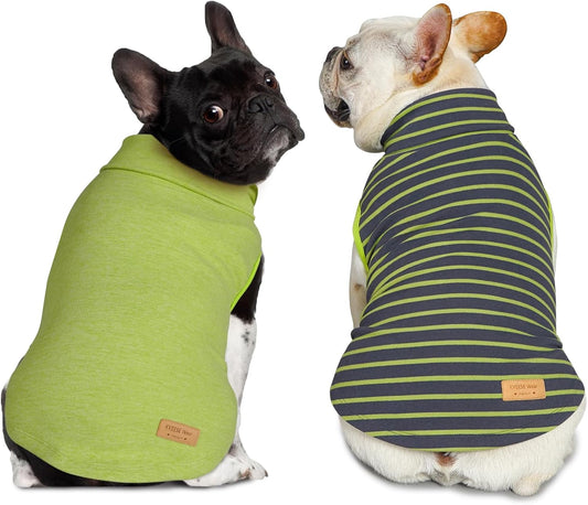 Lime green sleeveless dog turtleneck sweater and navy striped sleeveless sweater, two-pack
