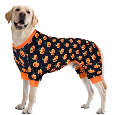 Dog Halloween pajamas in dark navy with orange pumpkin print and orange ribbed cuffs