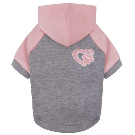 Winter dog hoodie with pink hood, gray torso, and pink paw patch