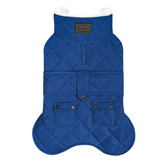 Blue quilted dog coat with hood, front zipper, and four buttoned pockets