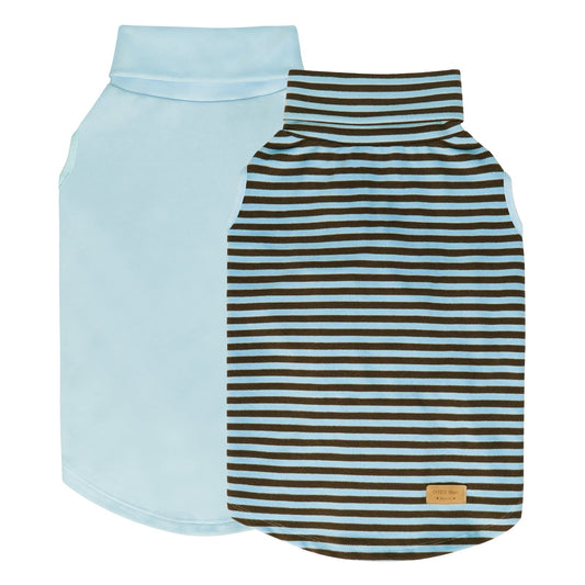 Dog sleeveless velvet sweater 2-pack: solid light blue turtleneck tank and striped tank