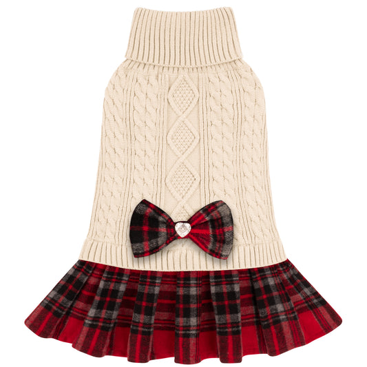Knit Dog Sweater Dress with Gingham Hem