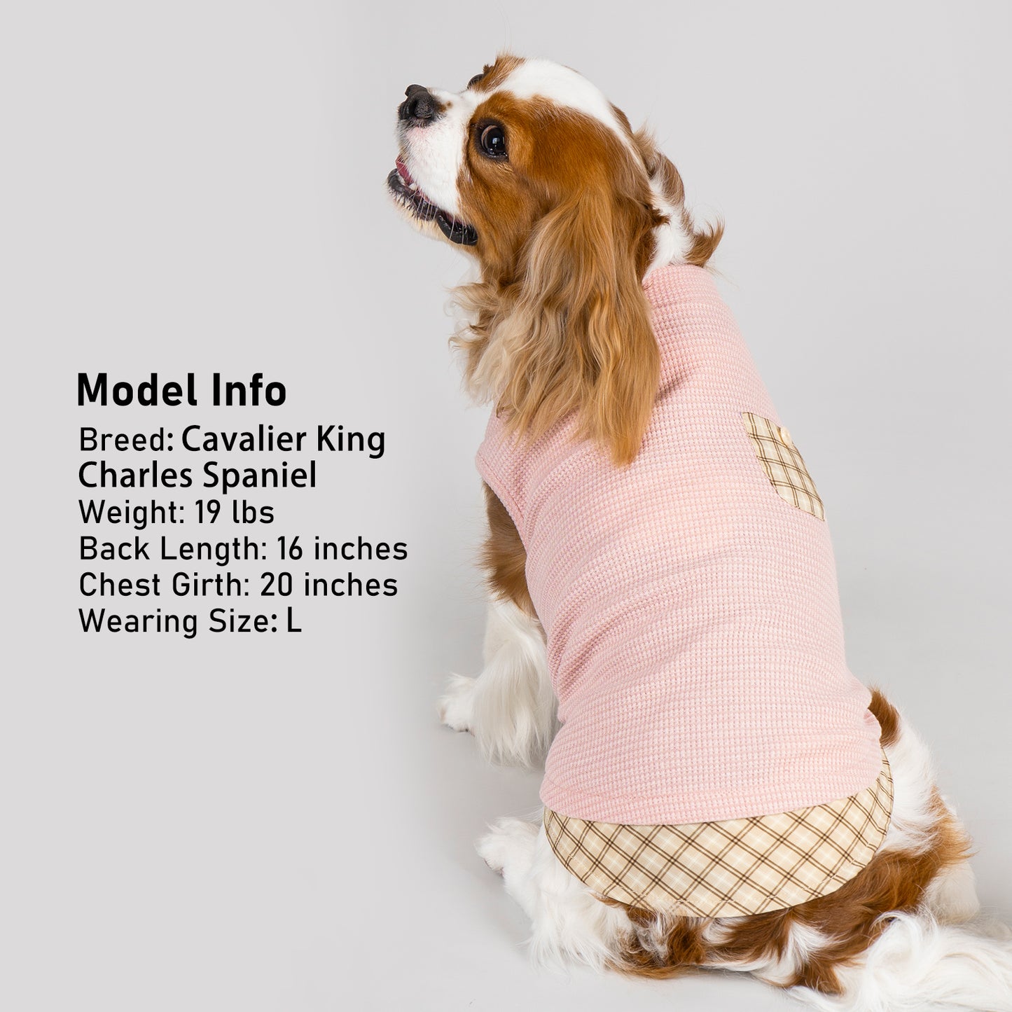 Pink sleeveless dog shirt with plaid hem and waffle knit texture
