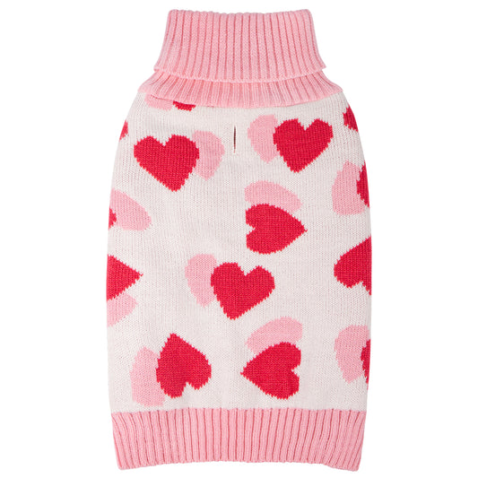 Pink and white dog sweater with red hearts, sleeveless knit design and ribbed hem