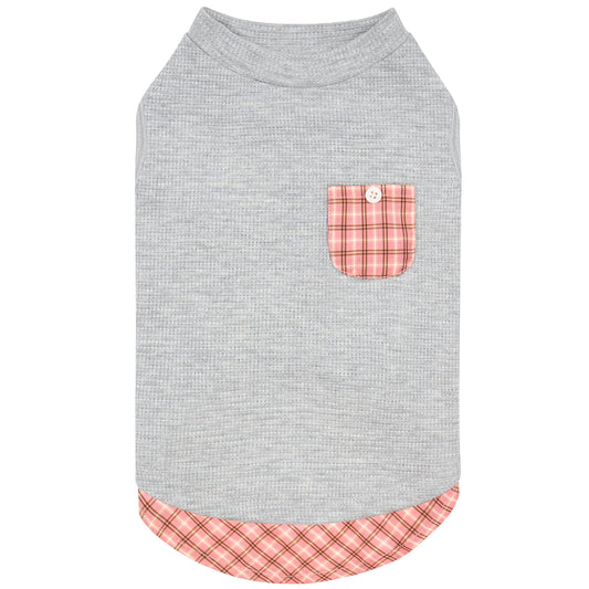 Grey sleeveless dog shirt with round neck, pink plaid pocket, and plaid hem