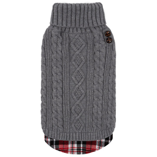 Grey cable-knit dog turtleneck sweater with ribbed collar and plaid flannel hem