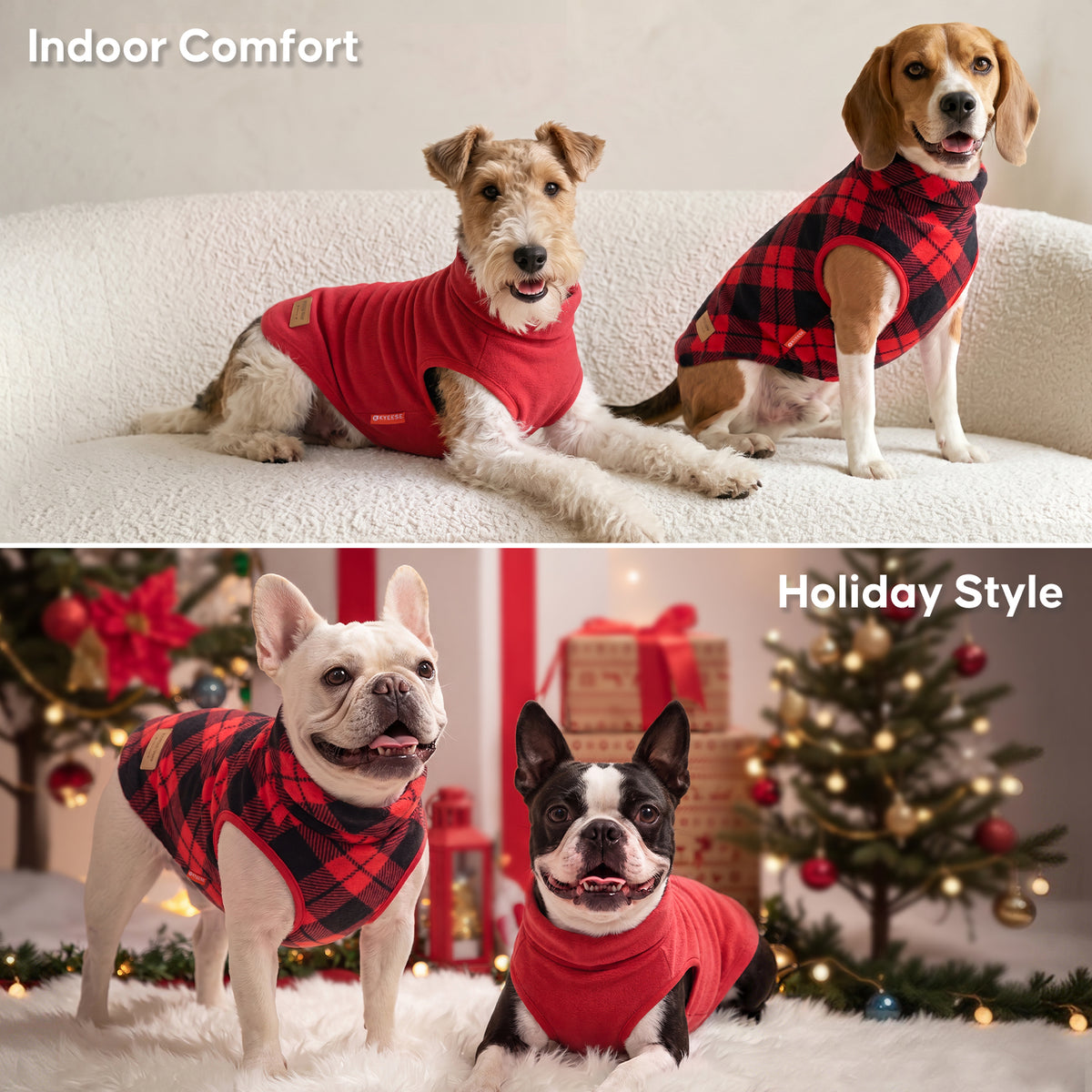 Holiday collage of dogs in red and black plaid or solid red sleeveless tops