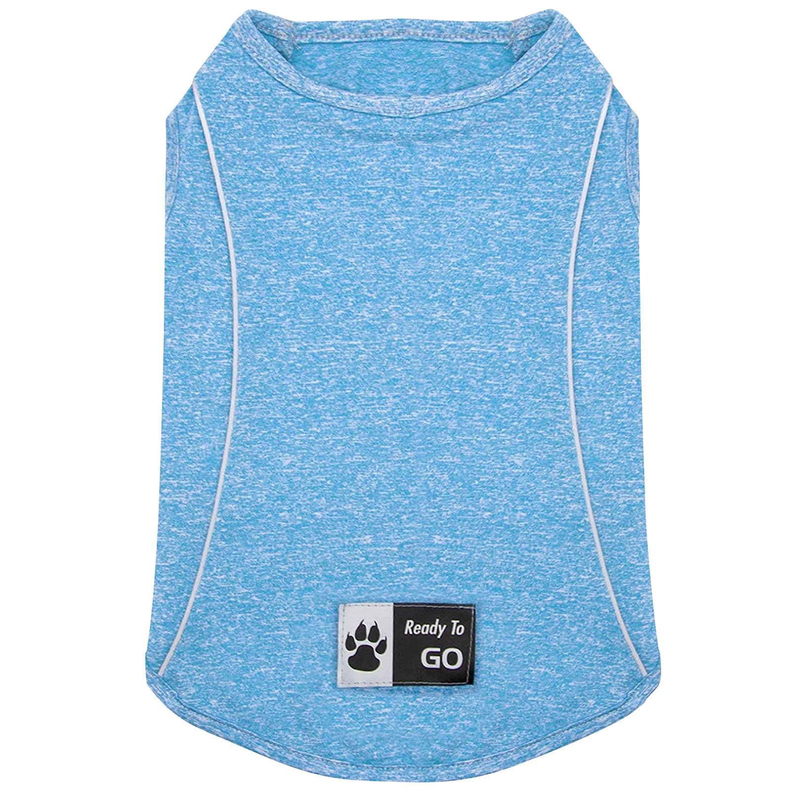 Lightweight reflective dog shirt in blue heather, front view with chest label