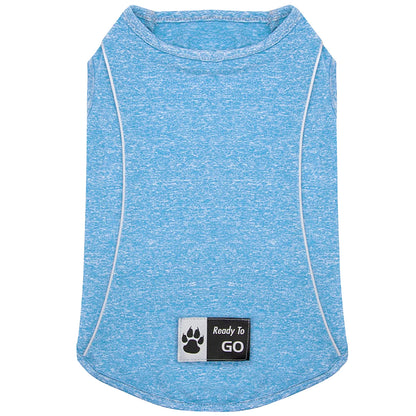 Lightweight reflective dog shirt in blue heather, front view with chest label