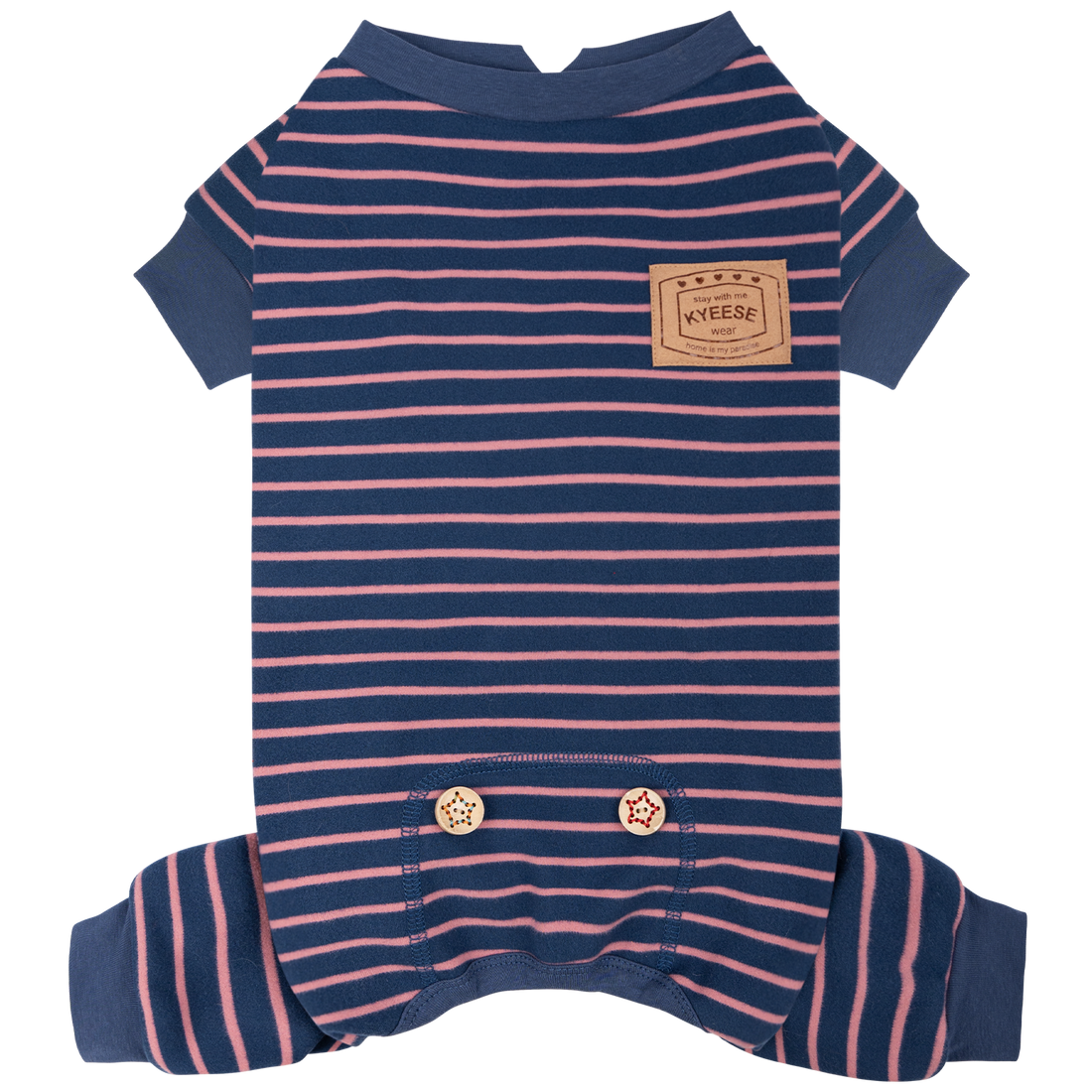 Striped dog onesie pajamas in navy with pink horizontal stripes, short sleeves, belly snaps