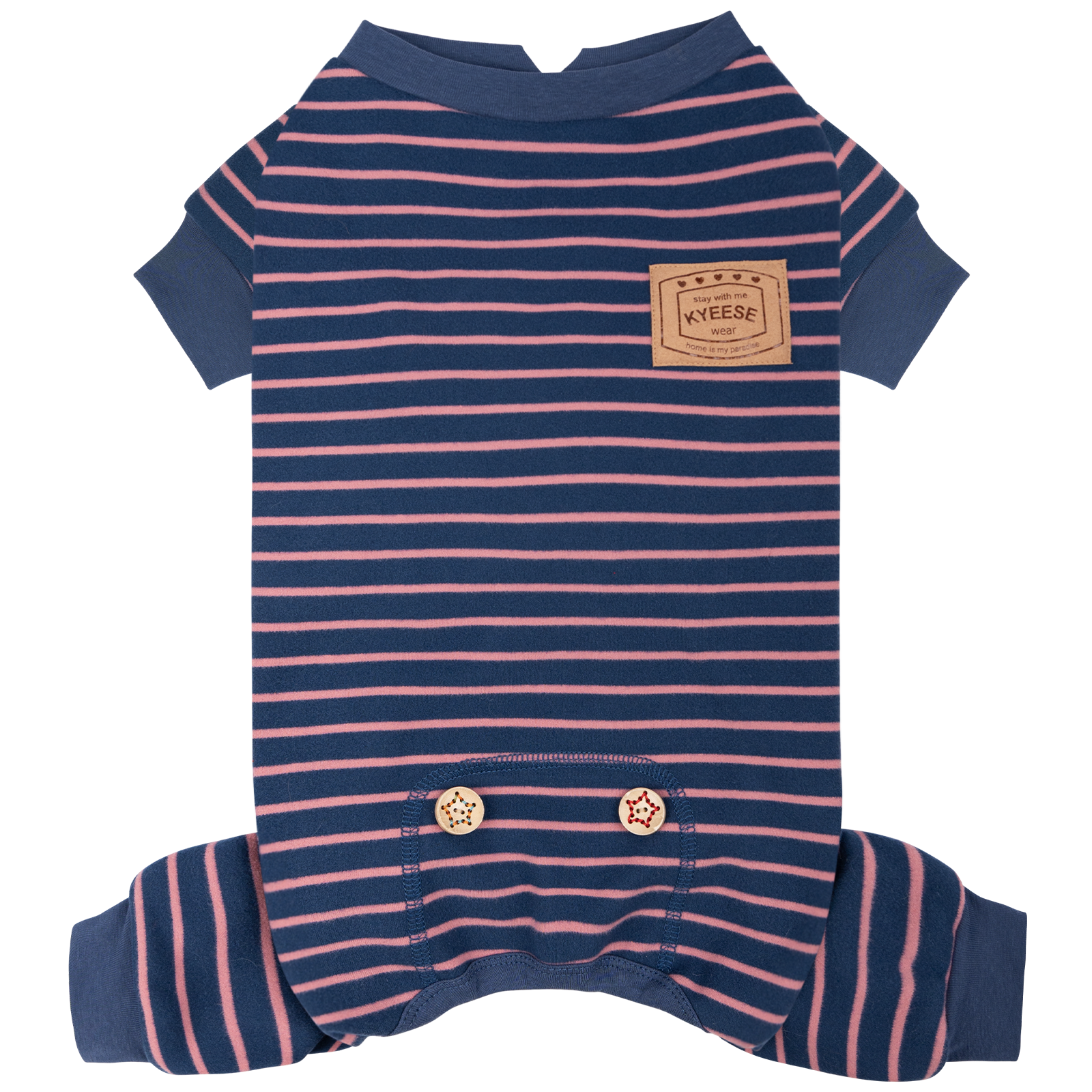 Striped dog onesie pajamas in navy with pink horizontal stripes, short sleeves, belly snaps