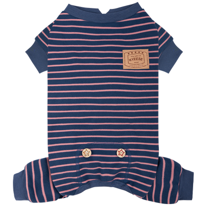 Striped dog onesie pajamas in navy with pink horizontal stripes, short sleeves, belly snaps