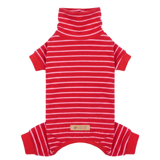 Red striped dog pajamas with a high turtleneck and four leg sleeves, laid flat on white