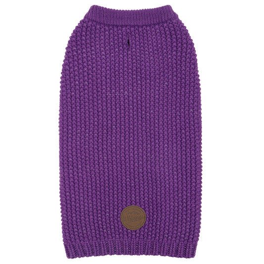 Purple reflective knit dog sweater with round neckline and brown back patch, flat lay
