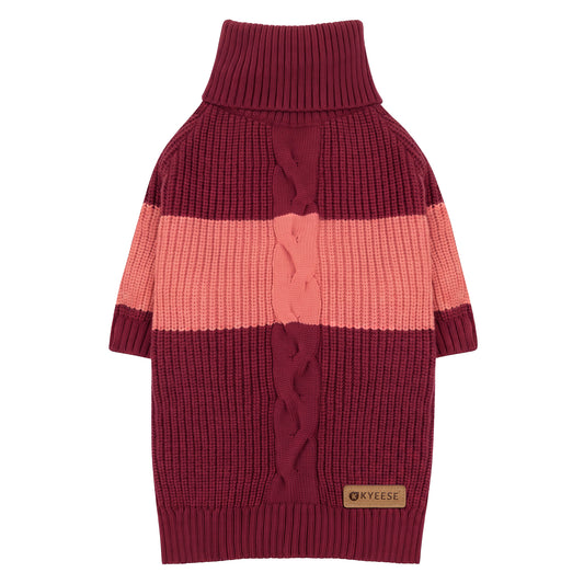 Burgundy and coral color block dog turtleneck sweater with long sleeves, flat lay