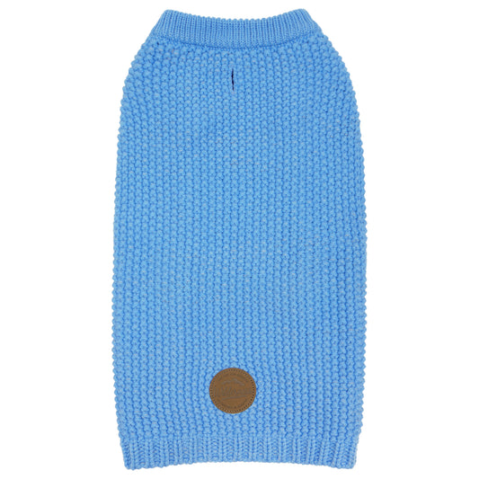Sky blue reflective knit dog sweater with round neckline and brown back patch, flat lay