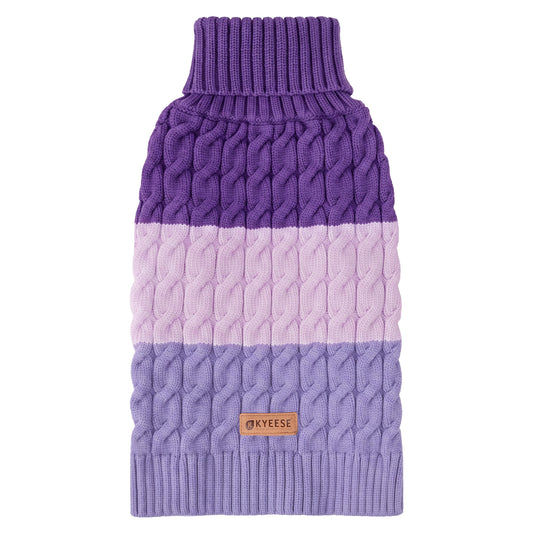Purple and lavender color block dog pullover sweater with cable knit and turtleneck, flat lay