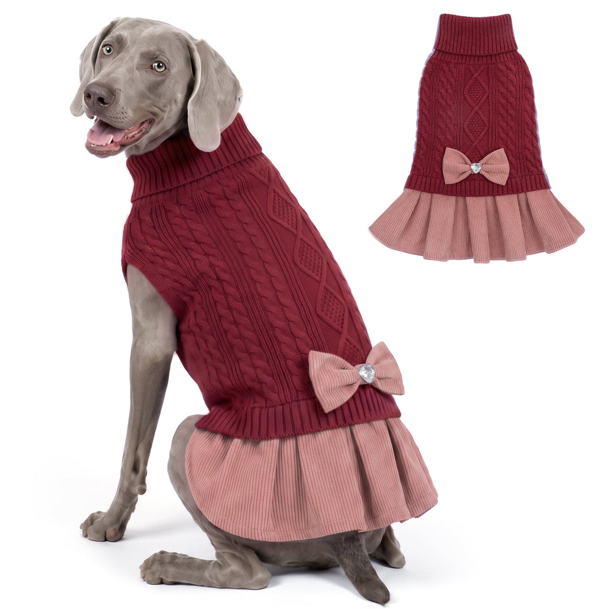 Gray dog seated in burgundy cable knit dress with pink pleated skirt, front and side views