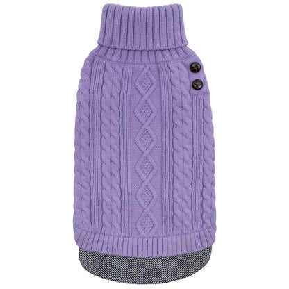 Purple dog sweater with raised cable stitches, ribbed turtleneck and gray hem, flat lay