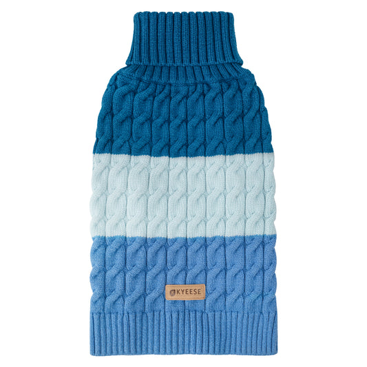 Teal and light blue color block dog pullover sweater with cable knit, flat lay
