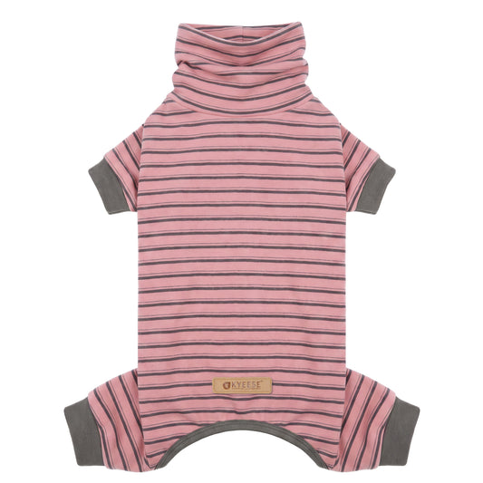 Pink striped dog onesie pajamas with a high neck and gray cuffs, laid flat on white
