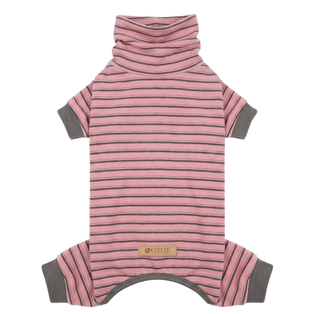 Pink striped dog onesie pajamas with a high neck and gray cuffs, laid flat on white