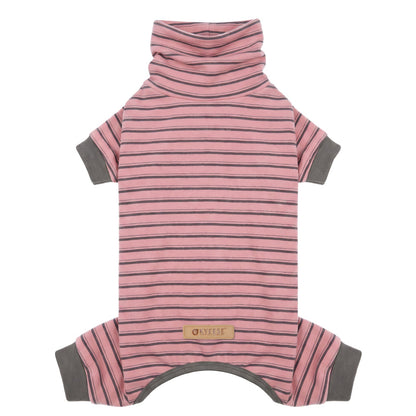 Pink striped dog onesie pajamas with a high neck and gray cuffs, laid flat on white
