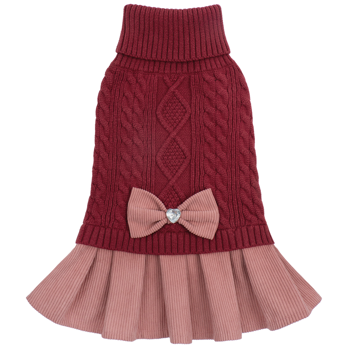 Cutout of burgundy cable knit sweater dress with pink skirt and bow on black background