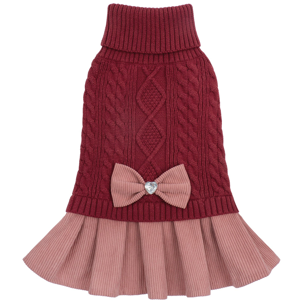 Burgundy dog sweater dress with pink pleated skirt and jeweled bow, flat lay