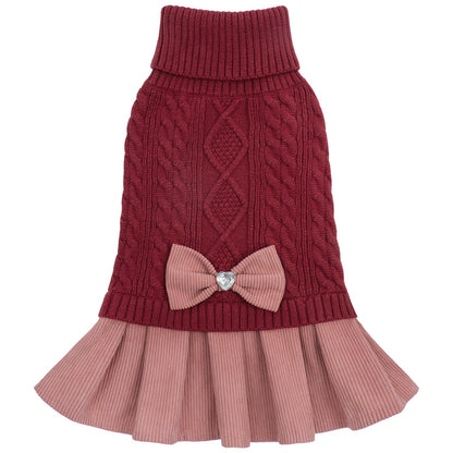 Burgundy dog sweater dress with pink pleated skirt and jeweled bow, flat lay