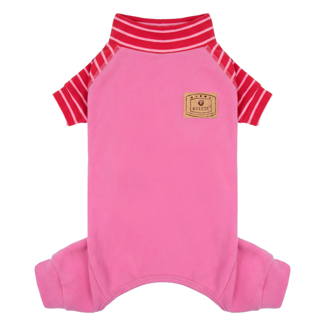 Pink dog onesie pajamas with red striped raglan sleeves and high collar, laid flat