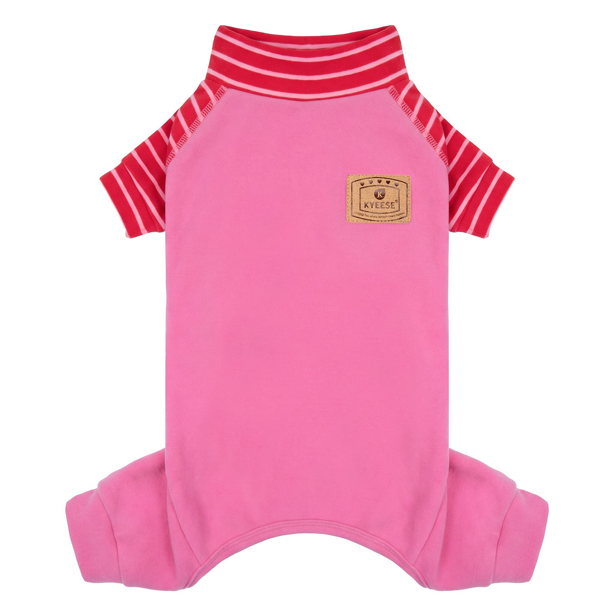 Pink dog onesie pajamas with red striped raglan sleeves and high collar, laid flat