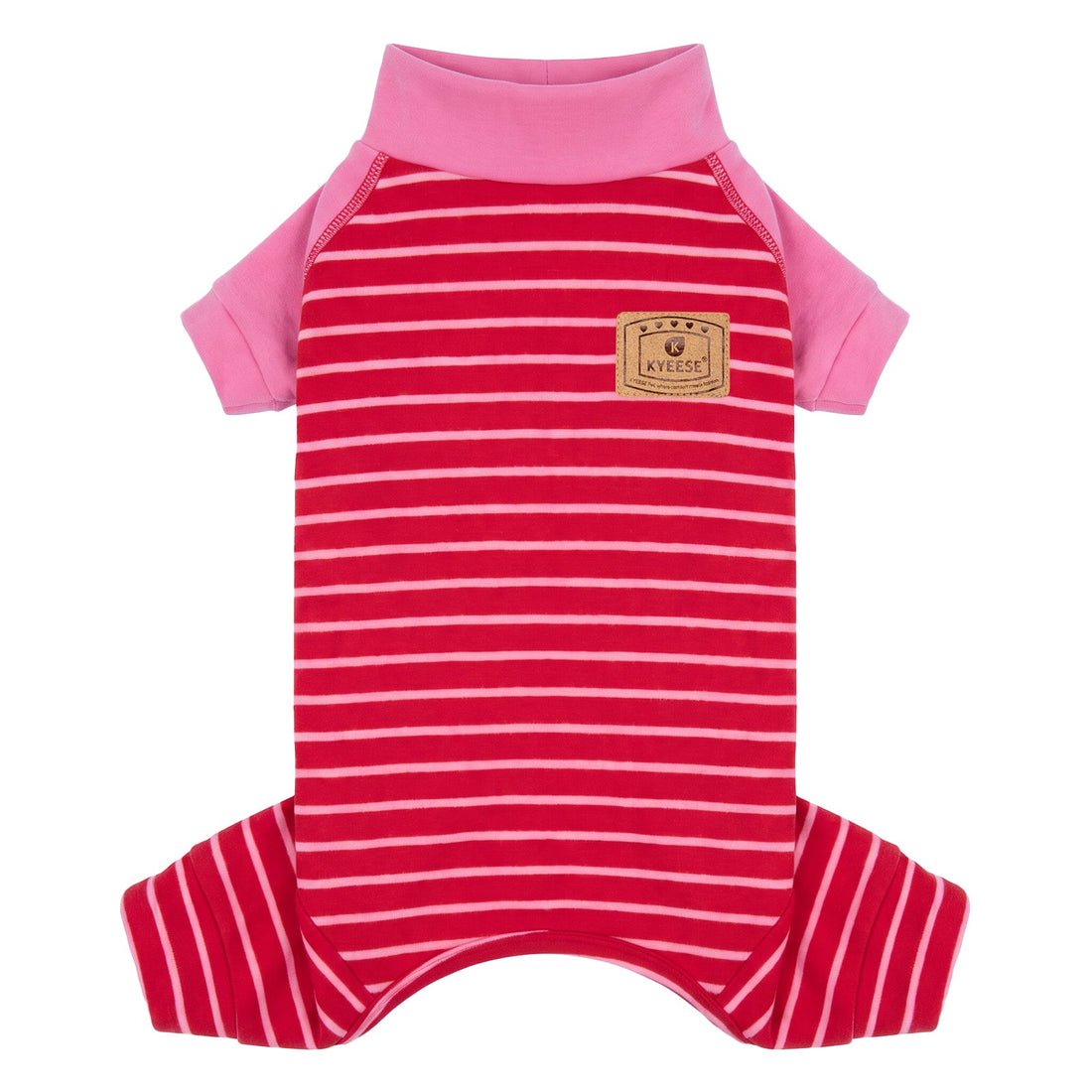 Red striped dog pajamas with pink turtleneck and sleeves, four leg flat lay