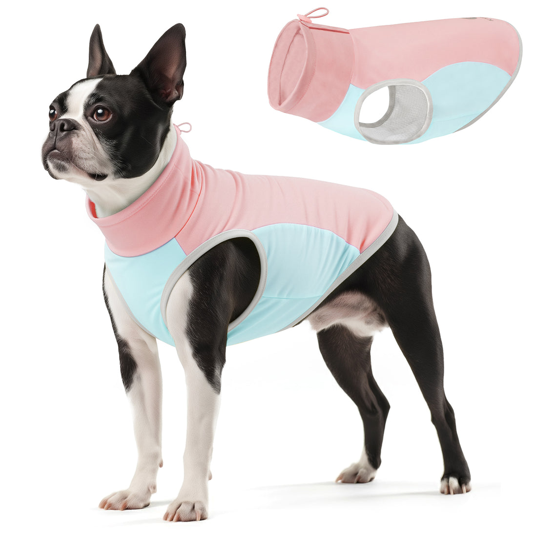 Lightweight cooling dog vest on black dog, pink top with light blue panels and leg opening
