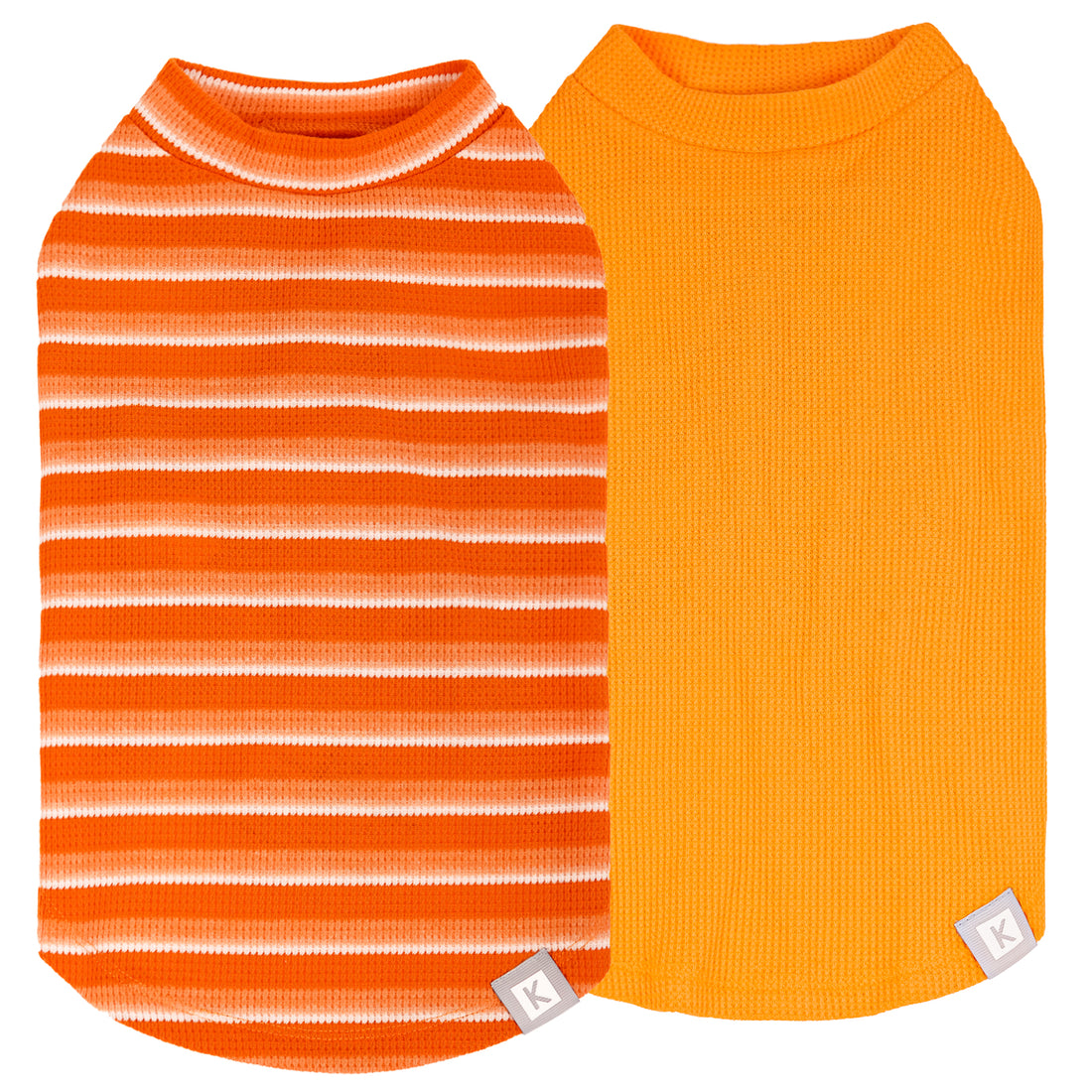 2-pack dog waffle shirts: orange striped top and solid orange shirt with round neck