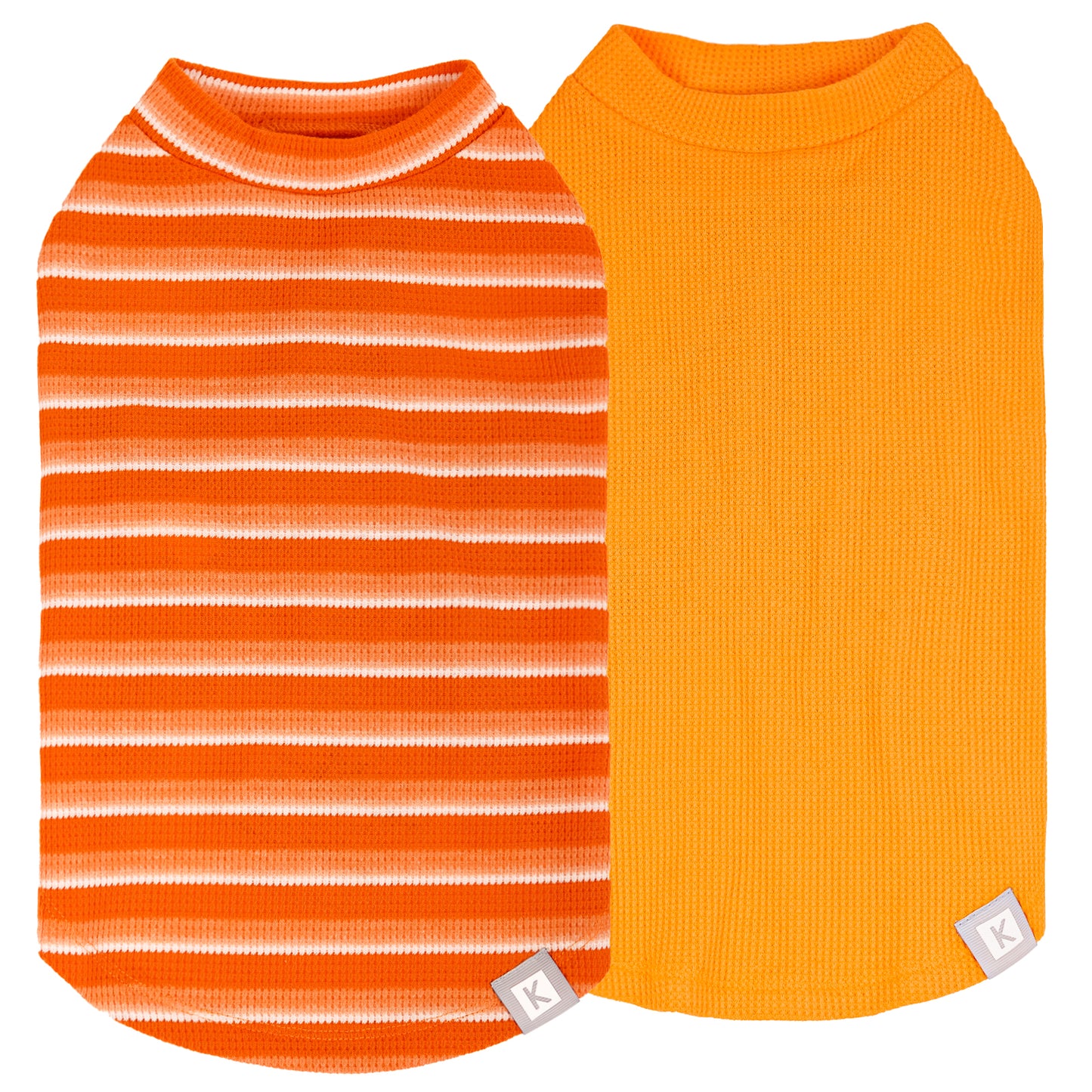 2-pack dog waffle shirts: orange striped top and solid orange shirt with round neck