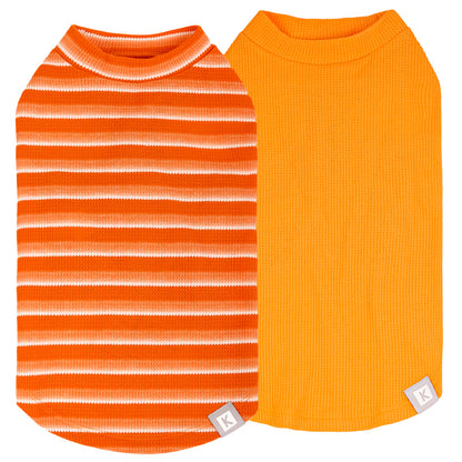 2-pack dog waffle shirts: orange striped top and solid orange shirt with round neck
