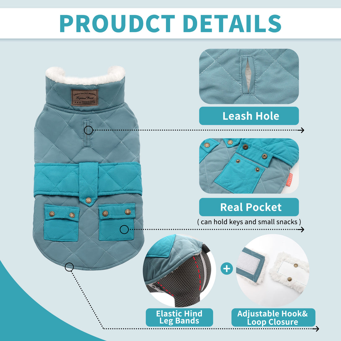 Quilted windproof dog coat with pocket in teal-blue, front view with leash hole and tabs