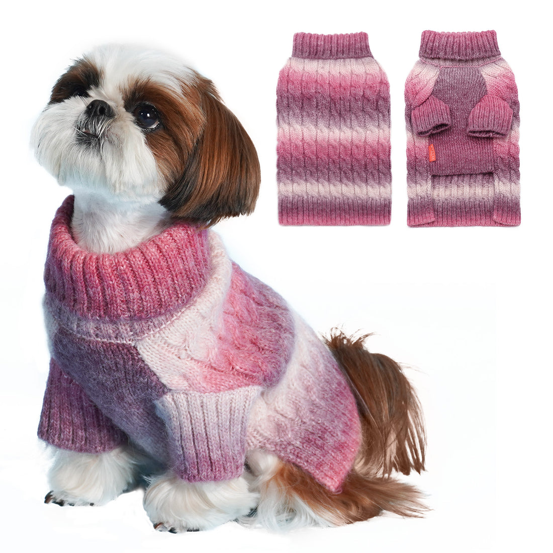 Striped knit dog sweater with turtleneck, pink and purple gradient color blocks