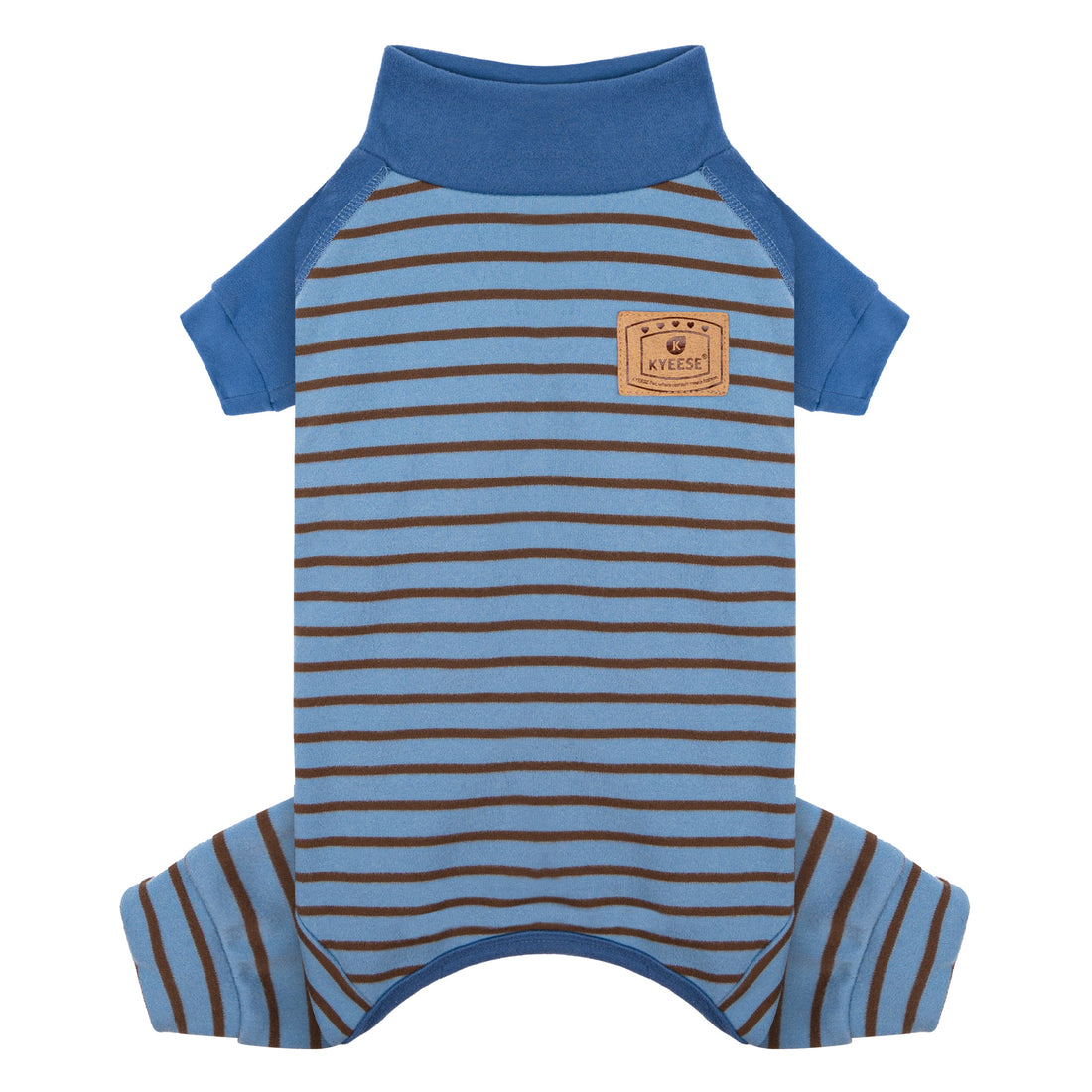 Blue thermal dog romper with brown-and-blue horizontal stripes and round belly opening