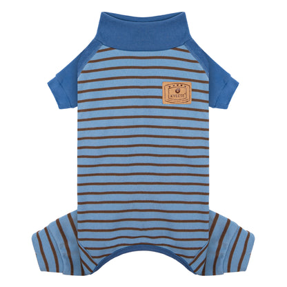 Blue thermal dog romper with brown-and-blue horizontal stripes and round belly opening