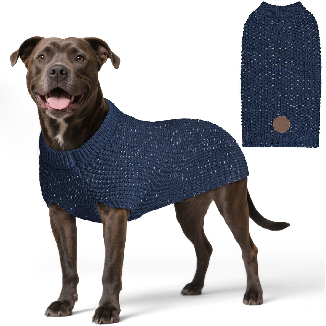 Blue knit dog sweater with ribbed neck and small round patch detail at belly