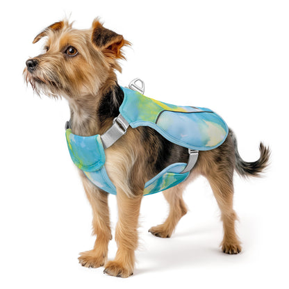 Blue dog cooling vest with allover watercolor print and adjustable gray buckles