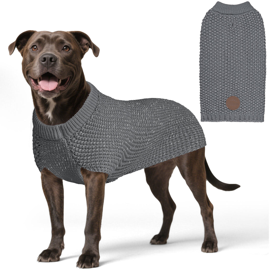 Grey knit dog sweater with round neck and small patch, worn by a standing dog