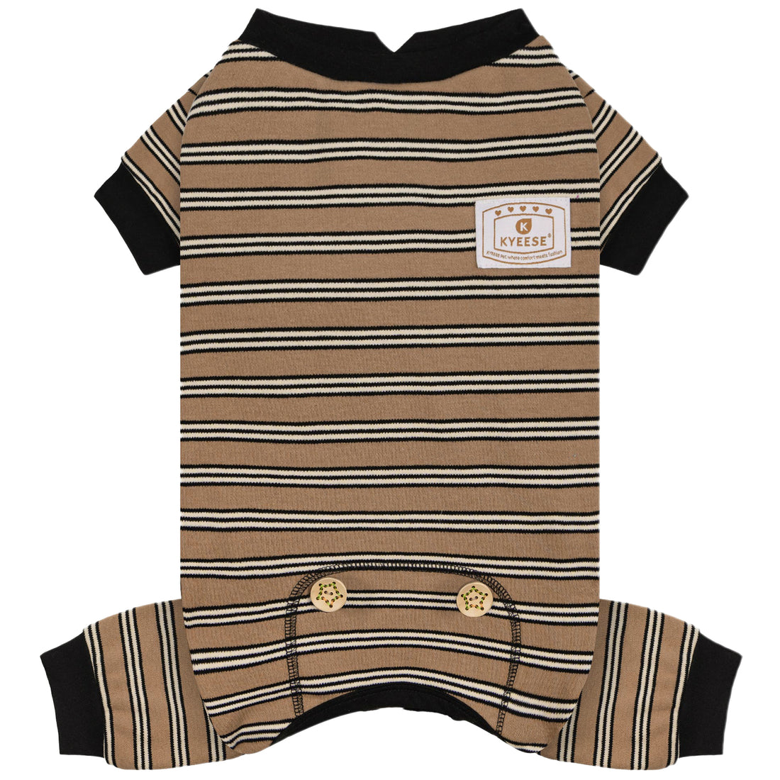 Striped dog onesie pajamas with black trim and striped knit belly opening