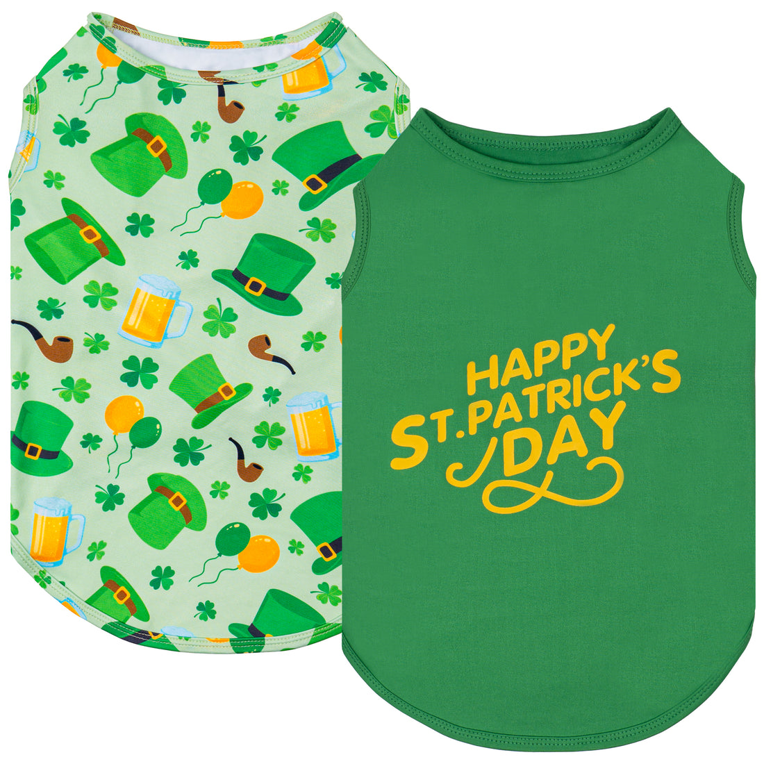 Two sleeveless dog shirts: white shamrock print and green 'Happy St. Patrick's Day'
