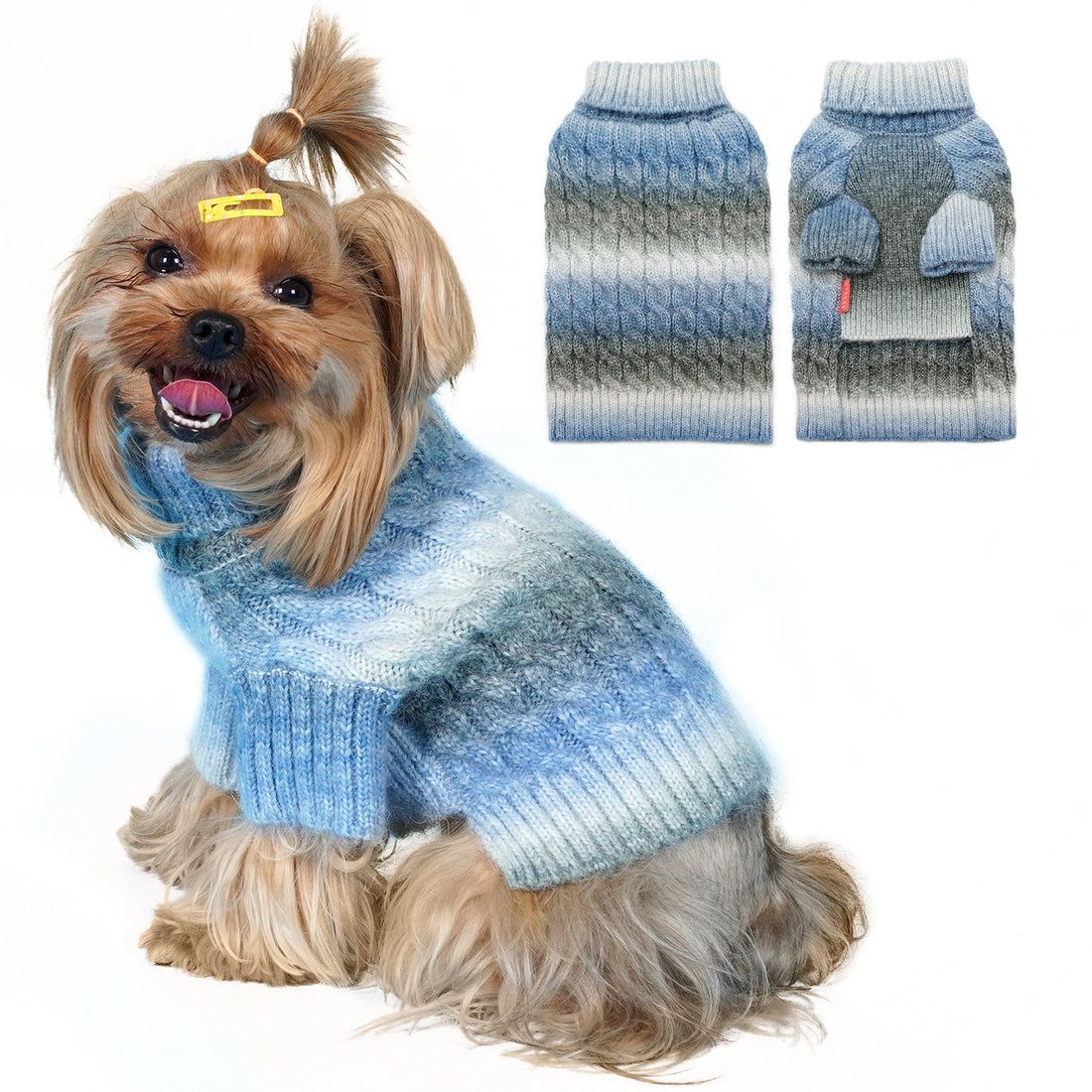 Blue gradient fuzzy cable-knit dog sweater with long sleeves and turtleneck